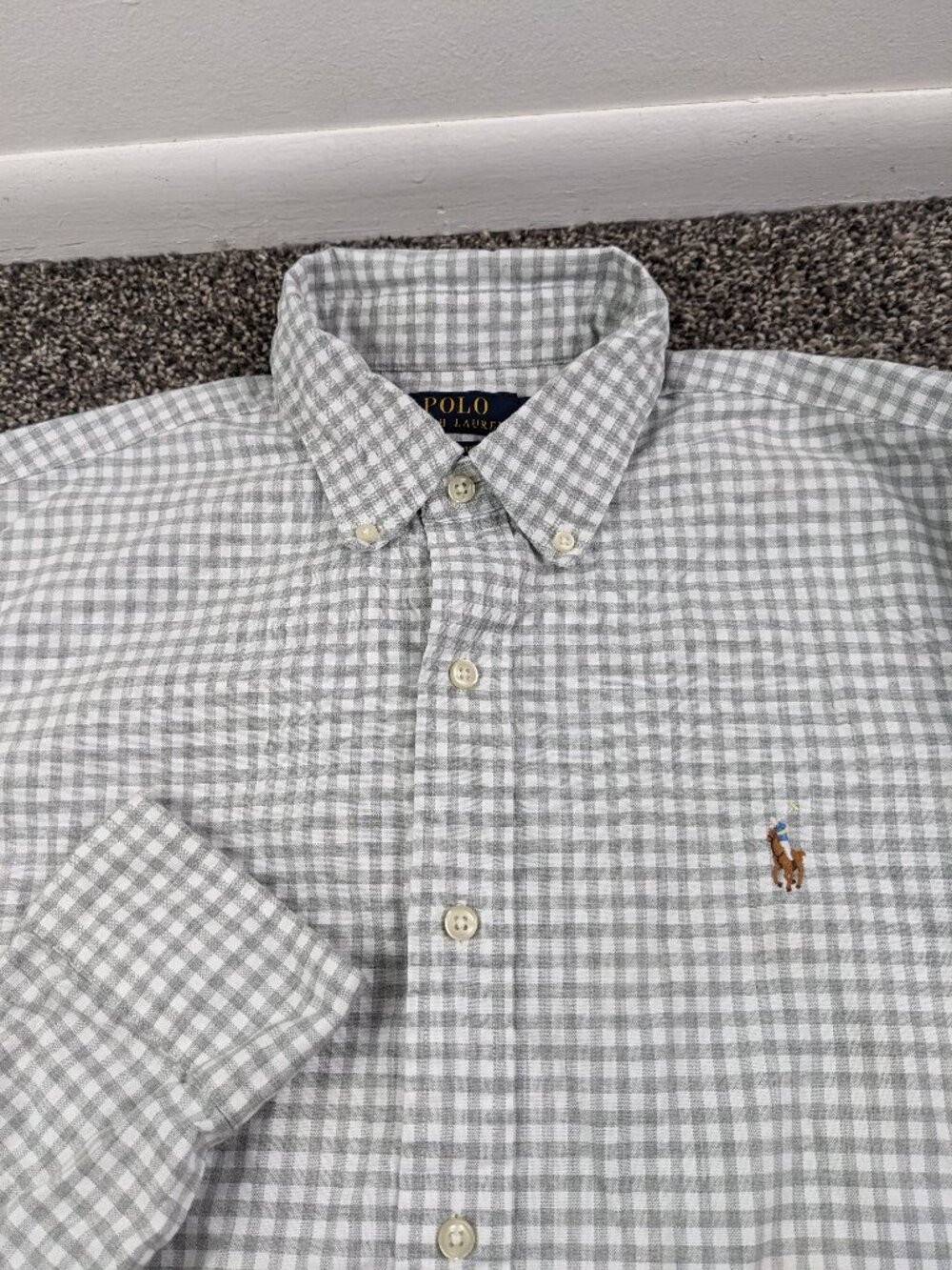 Polo Ralph Lauren Shirt Oxford L/S Button Down Gingham Checked Gray Mens Large